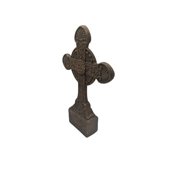 Antique-Style Decorative Cross Tabletop Ornate Resin Bronze Finish 12" Tall - Picture 11 of 12